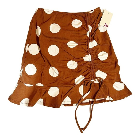 So Brown with Cream Polka Dots Ruffle Hem Adjustable Length Mini Skirt Sz XS NWT - Picture 1 of 7